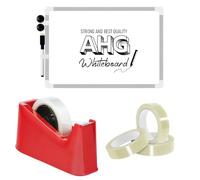 AHG Red Desk Tape Dispenser Set with Tape & Extra Spindle + 3 Rolls 24mm Cello Tape + A3 Double-Sided Magnetic Whiteboard (30x40cm) with Marker & Magnets - Heavy Duty Office, School & Home Stationery