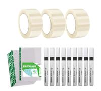 AHG Stationery Combo Set - 10 Black Dry Wipe Markers + 30 Reinforced A4 30 Micron Punched Pockets (Green Spine) + 3 Rolls 48mm x 150m Clear Packing Tape - Premium Office, School & Home Stationery