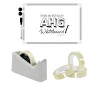 AHG White Desk Tape Dispenser Set with Tape & Extra Spindle + 3 Rolls 24mm Cello Tape + A3 Double-Sided Magnetic Whiteboard (30x40cm) with Marker & Magnets - Heavy Duty Office, School