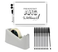 AHG White Heavy Duty Tape Dispenser with Weighted Base + 10 Black Medium Tip Biro Pens & A3 Magnetic Double-Sided Whiteboard with Marker & Magnets - Complete Office, School & Home Stationery Set