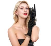 AhhiAboo Women's Patent Leather Short Gloves with Lace - Black Leather Gloves Shiny Cosplay Opera Party Gloves - Latex Gloves for Pole Dance Performance and Wedding, Sexy Carnival Costume, black,