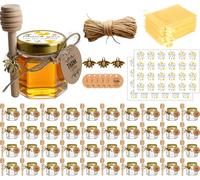 Ahhute Small Honey Jars, Honey Jar with Honey Spoon, Small Jars with Bee Pendant, Mini Honey Pots with Organza Ribbon, Mini Glasses for Baby Celebration, Wedding Favour, Pack of 40, 45 ml