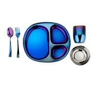 Ahimsa Kids and Toddler Plate and Bowl Set | Pediatrician Designed - Mindful Mealtime 5 Piece Stainless Steel Dish Set | Includes Divided Plate, Utensils, Cup, Bowl | 100% BPA Free (Iridescent Blue)