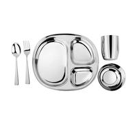 Ahimsa Kids and Toddler Plate and Bowl Set | Pediatrician Designed - Mindful Mealtime 5 Piece Stainless Steel Dish Set | Includes Divided Plate, Utensils, Cup, Bowl | 100% BPA Free (Classic Steel)