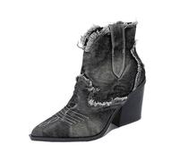 AHIOJEGX Cow girl boots Denim Short Boots Retro Style Female Shoes Fashion Slip On Pointed Toe Chunk Heels Booties Western Cowboy Boots(Black,37)