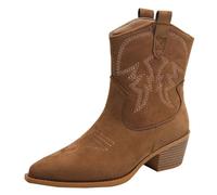 AHIOJEGX Cow girl boots Embroidered Pointed Toe Shoes Chunky Heel Knight Boots Retro Slip On Western Cowboy Short Boots(36)