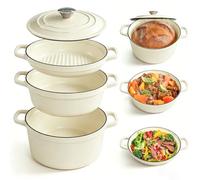 AHJ Enameled Cast Iron Dutch Oven Set - 4 Piece Stackable Nesting Cookware Set with Lids, 4.8Qt, 2.6Qt and 1.3Qt Dutch Ovens, Space-Saving Cast Iron Pots and Pans Sets for Sourdough Bread Baking, Slow