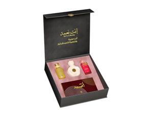 Ahmed Al Maghribi Antneamah Gift Set - Luxury Arabian Perfumes Rose Noir 75ml, Exotic 100ml, Bidun Esam Hair Mist 50ml & Bakhoor Ahmed 10 Tabs - Elegant Fragrance Collection