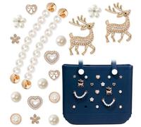 AHOKEL 18pcs Charms for Bogg Bag Gold Rhinestone Reindeer Flowers Pearl Chain Charm Compatible with Simply Southern Handbag Accessories Insert for Rubber Beach Tote Bag