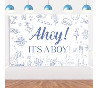 Ahoy! It's a Boy Baby Shower Backdrop - Nautical Navy Blue Sea Theme, White Clouds Beach Elements Seagull Ship Anchor Coral & Seashell Design for Newborn Party Decorations