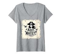 Ahoy, Matey! Pirate Women Sea Adventure Buccaneer V-Neck T-Shirt, Women, Heather Grey, M