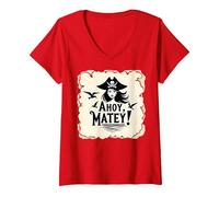 Ahoy, Matey! Pirate Women Sea Adventure Buccaneer V-Neck T-Shirt, Women, Red, L
