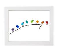 AHQCBWG Sea Glass Art, Sea Glass Rainbow Birds on Branch, Sea Glass Decor, Glass Wall Art, Glass Birds, Beach Wall Art, Housewarmings, Birthday and Wedding Gifts(8 Birds,White Frame)