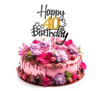 AHQiZFX Happy 40th Birthday Cake Topper, Black Gold Glitter Cheers to 40 Years Birthday Cake Pick 40 Fabulous Cake Decoration for Happy 40th Birthday Anniversary Party Supplies(40th)