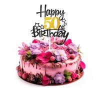 AHQiZFX Happy 50th Birthday Cake Topper, Black Gold Glitter Cheers to 50 Years Birthday Cake Pick 50 Fabulous Cake Decoration for Happy 50th Birthday Anniversary Party Supplies(50th)