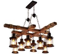 AHQX Loft Wood Chandelier Retro 8 Lamp Restaurant Adjustable Lighting Hemp Rope Hanginglamp Industrial Metal Droplights E27 Lantern Retro Pendant Light Internet Cafe Pendant Lights