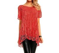 AHR Ladies Italian New Knitted Crochet Lace Mesh Quirky Loose High Low Layering Vest Tops Twin Set Womens T-Shirt Blouse UK Plus Size 8-22 (XL/XXL (UK 20-22), Red)