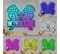 AHROZHOUIK Personalised Racing Flag Mirror Light Up Sign Custom Name Funny Game Racing Neon Signs Mirror Night Light Home Bedroom Wall Decor Gift Family Friend Car Lover Birthday Xmas (S 20)