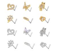 AHTCPO 12Pcs Nose Rings Stud, L Shaped Ring with Heart Flower CZ Butterfly Body Piercing Jewelry Silver Gold Tone(Gold+Silver set)