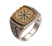 AHTCPO Authentic Viking Dragon Ring 925 Silver, Copper - Handmade Norse Tribal Jewelry for Men, Adjustable Runic Warrior Pinky Index Finger Ring, Unisex Historical Gift(Helm of Awe,10)
