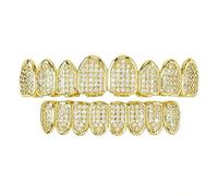 AHTCPO Brass 8 Teeth Micro pave Cubic Zirconia Grillz Real Gold Plated, Vampire Style Iced out Hip Hop Teeth Accessories, Rapper Party Tooth Jewelry(Gold)