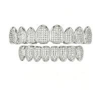AHTCPO Brass 8 Teeth Micro pave Cubic Zirconia Grillz Real Gold Plated, Vampire Style Iced out Hip Hop Teeth Accessories, Rapper Party Tooth Jewelry(Silver)