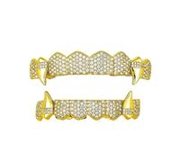 AHTCPO Eight-Tooth Full Diamond Vampire Fangs Grillz Design, Electroplated Craft Hip-Hop Style Dental Jewelry, Unisex Fashion Jewelry Gift(Gold,Set)
