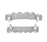 AHTCPO Eight-Tooth Full Diamond Vampire Fangs Grillz Design, Electroplated Craft Hip-Hop Style Dental Jewelry, Unisex Fashion Jewelry Gift(Silver,Set)