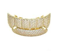 AHTCPO Full CZ Encrusted Dental Jewelry Set, 18K Gold & Silver Plated 6 Top 4 Bottom Teeth Hip Hop Grillz for Rapper Party Wear(Gold,Set)