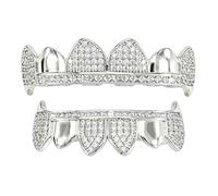 AHTCPO Iced out Vampire Fang Grillz set 6 Teeth Top & Bottom Micro Pave CZ Gold Plated Hip Hop Teeth Jewelry for Rapper, Halloween Party Costume(Silver)