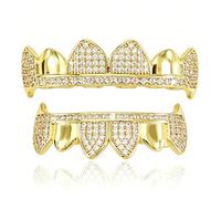 AHTCPO Iced out Vampire Fang Grillz set 6 Teeth Top & Bottom Micro Pave CZ Gold Plated Hip Hop Teeth Jewelry for Rapper, Halloween Party Costume(Gold)