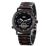 AHTCPO Mens Quartz Wooden Watches, Skeleton Mechanical Wooden Watch, 3 Sub-dials Luminous Pointers Date Display
