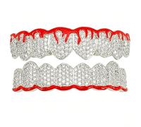 AHTCPO Red Enamel Flame Pattern Grillz Set, Gold Silver Plated 8 Teeth Top & Bottom Hip Hop Teeth Accessories for Rappers & Parties(Silver)