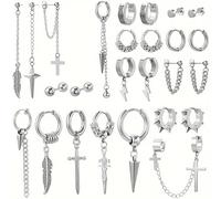 AHTCPO Stainless Steel Nose Ear Rings Set, Cuff Clip with Dangle Drop Cross Chain Earrings for Black Silver Punk Cool Gothic Rock(Silver)