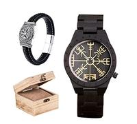 AHTCPO Vegvisir Wooden Watch | Vikings Men's Watch | Casual Unisex Quartz Wristwatches | Luxury Stylish Watch Wood Strap with Bamboo Wooden Box (Color : Black, Size : 200mm)