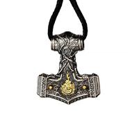 AHTCPO Viking Thor's Hammer Necklace Two Tone S925 Sterling Silver Mjolnir Pendant with Four Elements Norse Mythology Jewelry for Men Women(Pendant+wax cord)