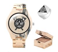 AHTCPO Viking Wooden Watch, Nordic Mythology Odin Rune Axe Design Male Watches, Unisex Adjustable Circle Clock Wrist Jewelry