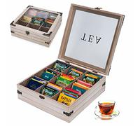 AHUA Tea Box, Wooden Tea Storage Box, Wood Tea Organizer Wood Tea Chest, 9-Compartment Tea Bag Box Holder with Clear Lid for Tea Bags, Creamers, Sugar, Coffee Pods, Instant Coffee Packets