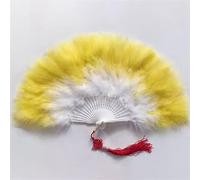AHUAN Dance Performance Hand Fans for Women Foldable Portable, Feather Chinese Fan for Wedding Decorations, Festival Folding Fan(White Yellow)