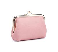 AHUFGN Kiss Lock Purse Genuine Leather Compact Kiss-Lock Purse - Mini Coin Wallet with Card Holder, Soft Lychee Texture Women's Small Bag(Pink)