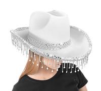 Ahuuen Cowboy Hat, Glittering Masquerade Ball Hat, Decorated Headdress with Ruffle and Rhinestones for Photos and Parties
