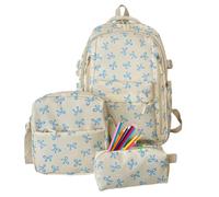 Ahuuen Kawaii Rucksack Set With Lunch Box Pencil Case Adjustable Straps | 3 Piece Bow Backpack Set Uses Beige Nylon Alongside A Large Main Compartment And Lightweight Construction