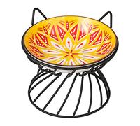AHX Raised Ceramic Cat Food Bowl - Elevated Dish with Stand Wide Shallow Whisker Friendly Cute Plate Feeding Bowls Microwave and Dishwasher Safe 8.5 oz 5.75 inch, Yellow