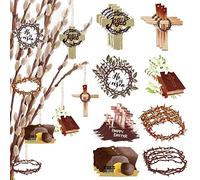 Ahzemepinyo 24 Pieces Easter Wooden Hanging Ornaments - Religious Gifts - He is Risen, Crown of Thorns, Cross - Pastel Colors - Lightweight - Hanging Decor for Easter Day