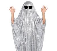 Ahzemepinyo Disco Ghost Costume for Adults Halloween Fancy Dress Cosplay Set Silver Sequin Ghost Costumes with Black Sunglasses for Spooky Halloween Costume Accessories