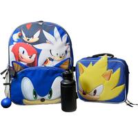 AI ACCESSORY INNOVATIONS Sega Sonic the Hedgehog 4 Piece Backpack Set, Kids 16" School Travel Bag with Front Zip Pocket, Blue Sonic, L, Backpack Set