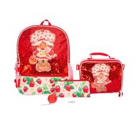 AI ACCESSORY INNOVATIONS Strawberry Shortcake 5 Piece Backpack Set, Flip Sequin Girls School Bag with Front Zip Pocket, 2 Side Mesh Pockets, Pink & Red, Red, Standard, Character