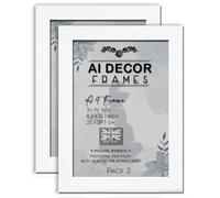 AI Decor Pack of 2 A4 White Picture Frames (8.3 x 11.7 Inch) Poster Frame - Clear Acrylic Display Poster MDF Wooden Portrait/Panoramic - Flat Wall Mount Hang Hooks & Free Tabletop Stand (21 x 29.7 cm)