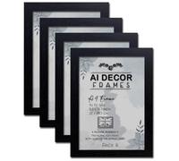 AI Decor Pack of 4 A4 Black Picture Frames (8.3 x 11.7 Inch) Poster Frame - Clear Acrylic Display Poster MDF Wooden Portrait/Panoramic - Flat Wall Mount Hang Hooks & Free Tabletop Stand (21 x 29.7 cm)
