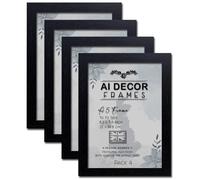 AI Decor Pack of 4 A5 Black Picture Frames (8.3 x 5.8 Inch) Poster Frame - Clear Acrylic Display Poster MDF Wooden Portrait/Panoramic - Flat Wall Mount Hang Hooks & Free Tabletop Stand (21 x 14.8 cm)